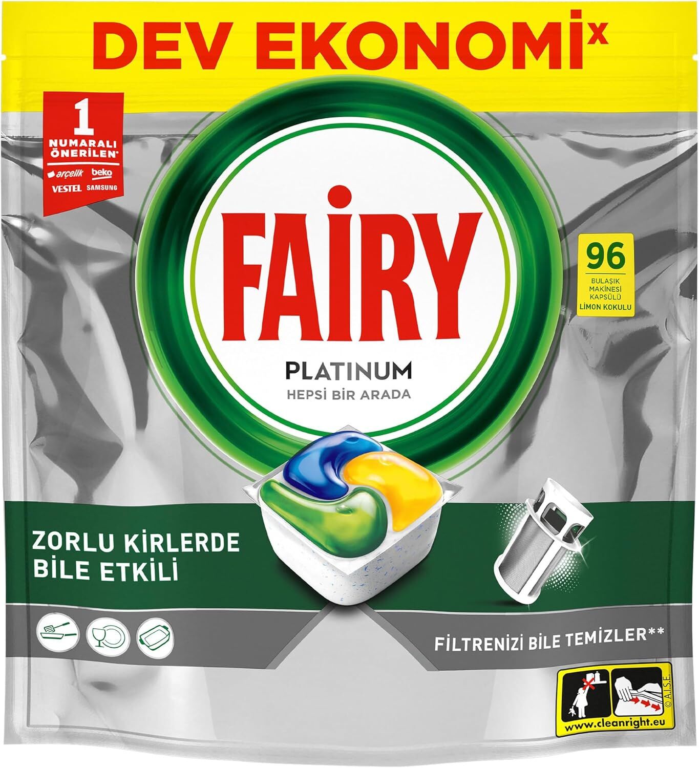 Fairy Platinum Bulaşık Makinesi Deterjanı Kapsülü/Tableti 96 Yıkama Limon Kokulu