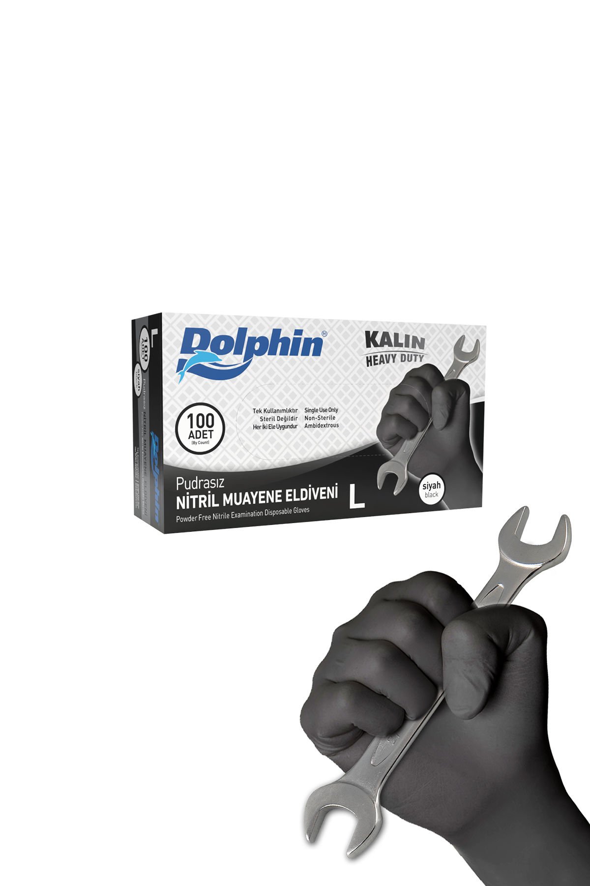 Dolphin Siyah Nitril Eldiven Pudrasız Ekstra Kalın L 100 Adet