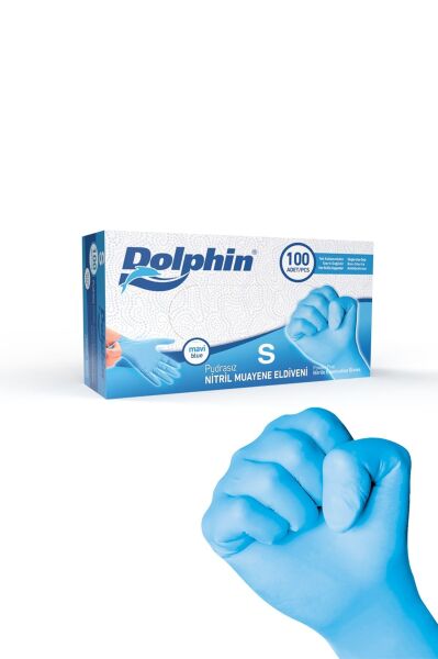 Dolphin Pudrasız Mavi Nitril Muayene Eldiveni S Beden 100'lü Kutu