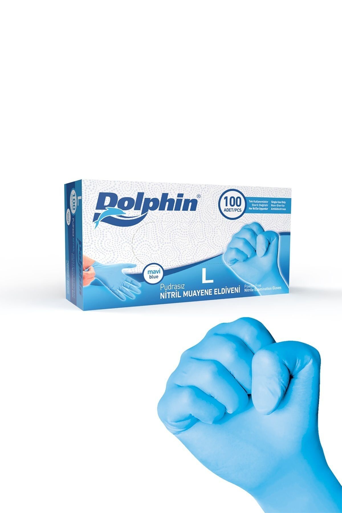 Dolphin Pudrasız Mavi Nitril Muayene Eldiveni L Beden 100'lü Kutu