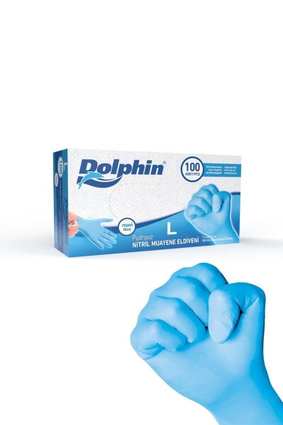 Dolphin Pudrasız Mavi Nitril Muayene Eldiveni L Beden 100'lü Kutu