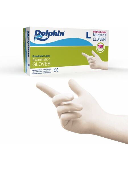 Dolphin Pudralı Lateks Muayene Eldiveni L Beden 100'lü Kutu