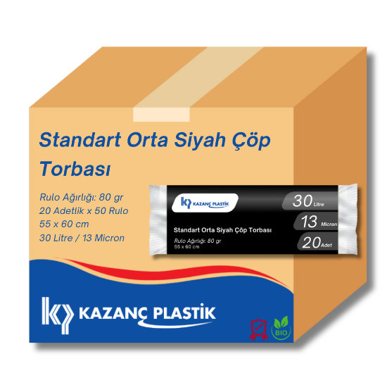 Kazanç Standart Orta Siyah Çöp Torbası 55x60 Cm 20 Li 50 Paket