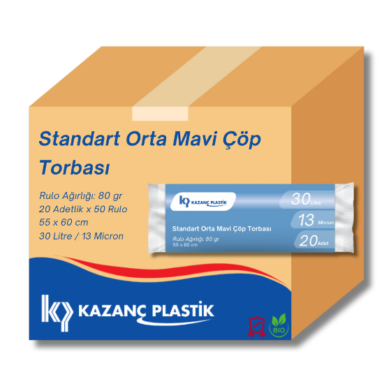 Kazanç Standart Orta Mavi Çöp Torbası 55x60 Cm 20 Li 50 Paket