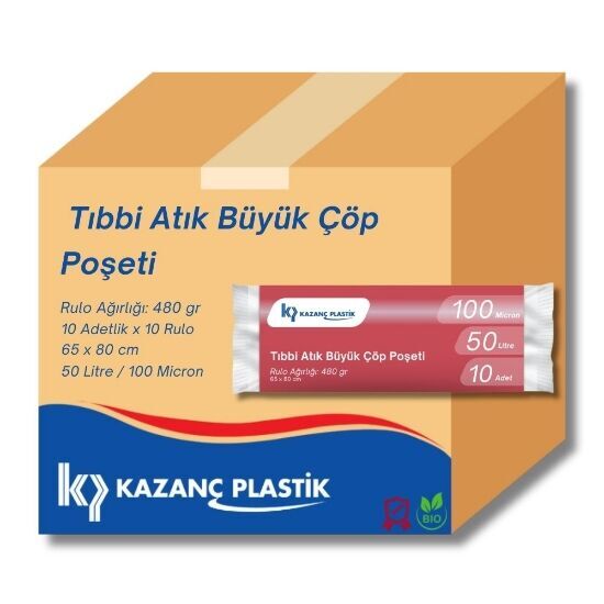 Kazanç Tıbbi Atık Büyük Boy Kırmızı Çöp Torbası 65x80 Cm 10 Lu 10 Paket